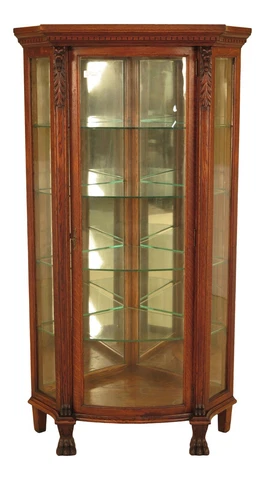 F28570EC: Antique Oak Curved Glass Corner Cabinet w. Lion Heads Cover