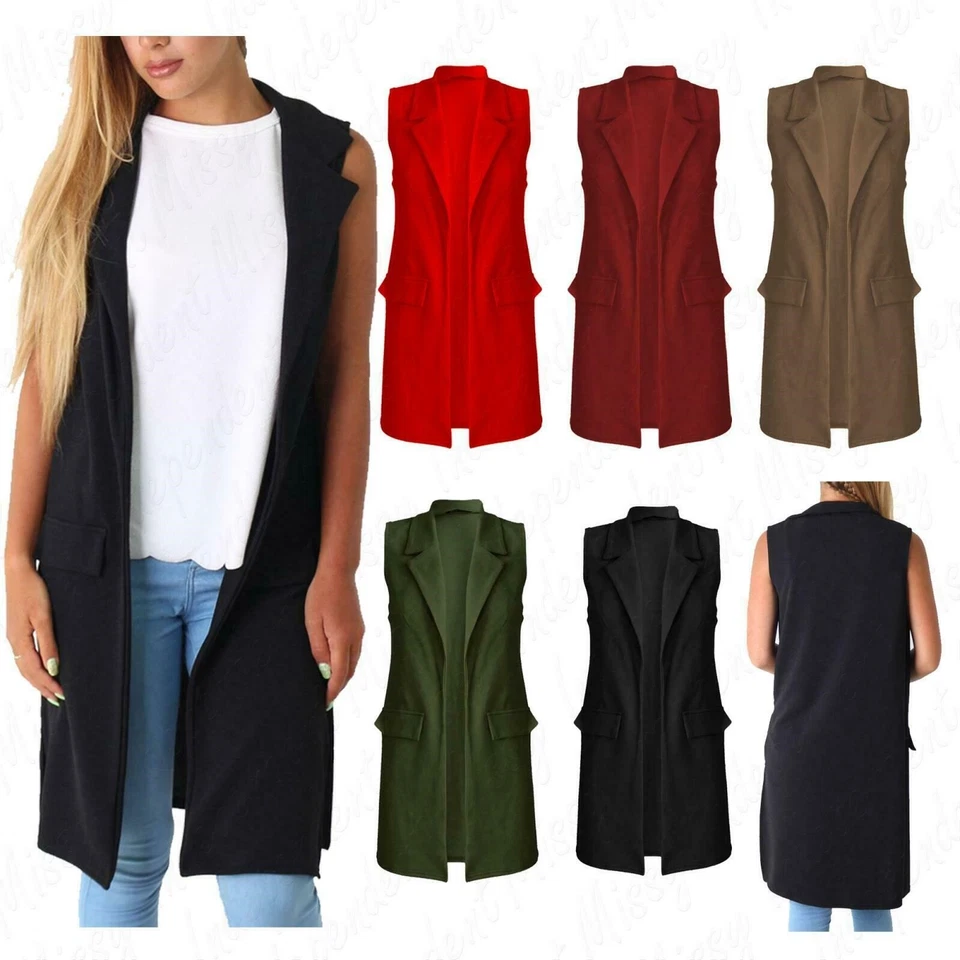 Women's Sleeveless Plus Size Crepe Mock Pocket Long Blazer Waistcoat Jacket Top