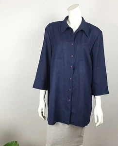 MIRRORS WOMAN Size 16 Navy Blue Button Up Collared Shirt 3/4 Sleeves Pockets - Picture 1 of 10