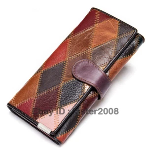 Womens 100% Genuine Leather Colorful Blocks Patchwork Clutch Long Zipper Wallet - Picture 1 of 10