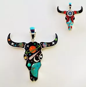 Genuine Turquoise Galaxy Comet Multicolor Inlay .925 Silver Buffalo Head Pendant - Picture 1 of 3