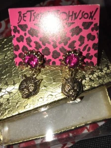 Betsey Johnson Bronze LÖWE Tiger rosa Ohrringe GOLD Kristalle Geschenkbox Tasche - Bild 1 von 12