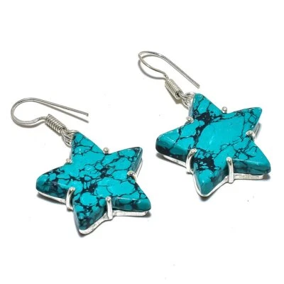 Natural Star - Tibetan Turquoise Gemstone 925 Sterling Silver Earring 1.7" P711 - Image 1 of 4