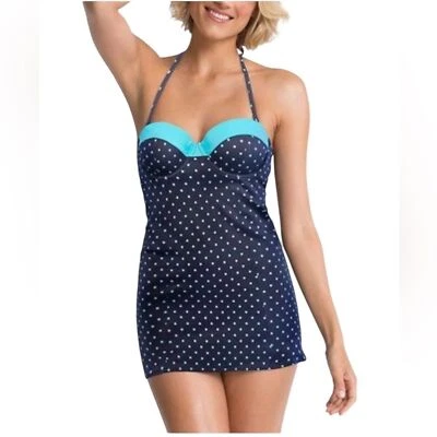NWT SPANX Navy Splash Polka Dot Retro Long Tankini Dresskini Swim Top Size 6  - Image 1 of 4