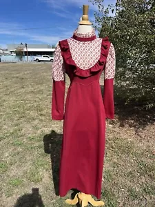 Vintage 70s Prairie Lace Ruffle Burgundy Handmade Victorian Style Dress Medium - Picture 1 of 10