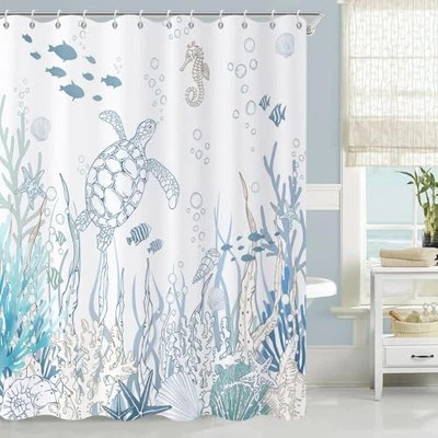 Nautical Coastal Shower Curtain, Ocean Beach Themed Teal Blue Sea Turtle  - Image 1 of 4