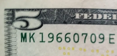 $5 Bill Fancy Serial Number Birthdate Date 1966/07/09 YMD or YDM - MK 19660709 E - Image 1 of 3