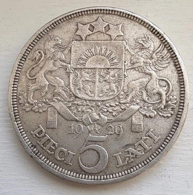 LATVIA 5 Lati silver coin from 1929.  Excellent condition - Image 1 of 3