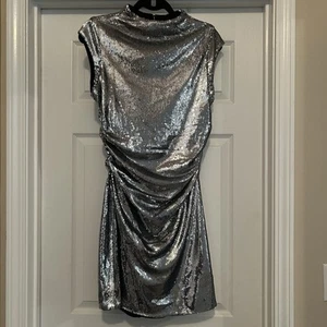 Michael Kors NWT Silver Sequined Dress Size Medium Black Lining Cap Sleeves Zips - Picture 1 of 8
