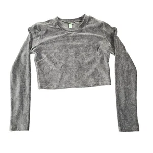 Camisa Wild Fable Mujer Gris Mediana Recortada Manga Larga Terciopelo Acogedora Suave - Imagen 1 de 5