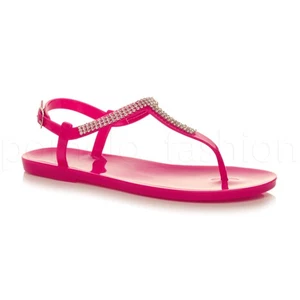 SANDALIAS MUJER DAMA DIAMANTE BARRA EN T PLANAS TIRAS GELATINA GOMA HEBILLA TALLA 5 38 - Imagen 1 de 5