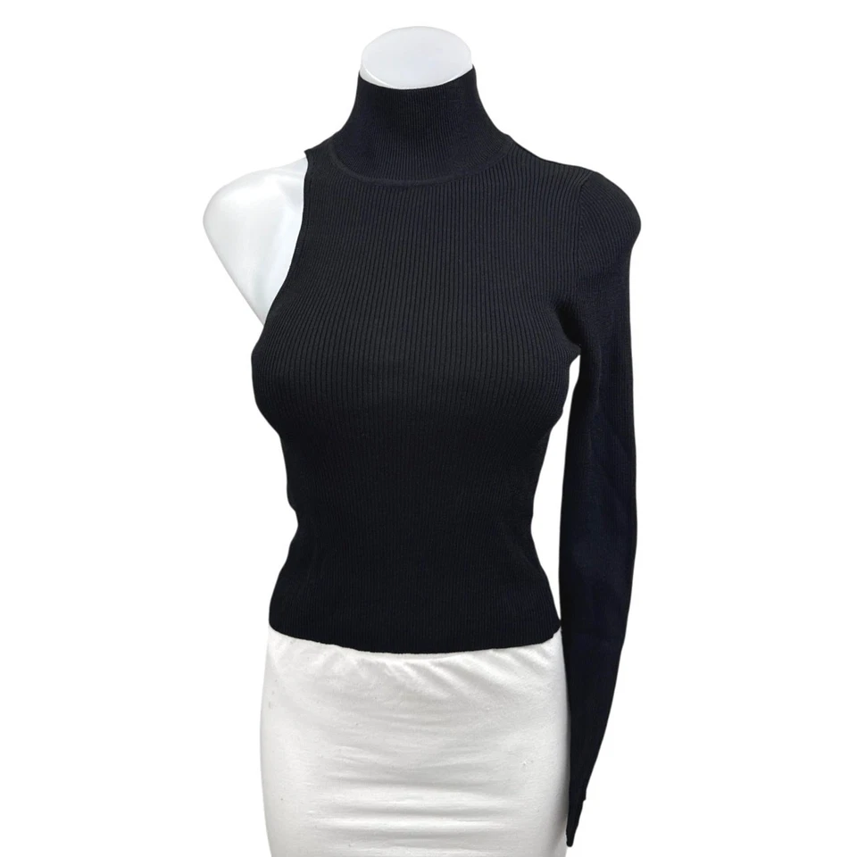 Suéter Top Zara Para Mujer Negro Acanalado Tejido Cuello Alto Un Hombro Manga Larga Talla S Foto 1 de 3