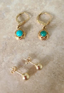 Vintage 14k Yellow Gold Dangle Earrings 14k Gold Stud Lot 2.20g Turquoise Stones - Picture 1 of 8