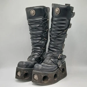 New Rock Platform Boots Neptuno Knee High UK9 Black Leather Gothic Chunky FLT17 - Picture 1 of 12