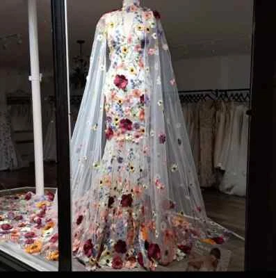 Bloom Mermaid With Cape Pretty Floral Long Wedding Dresses Bridal Gowns Muslim - Image 1 of 4