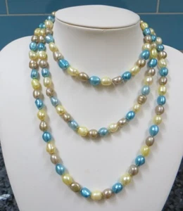 Blue, Gold and Lemon Freshwater Cultured Pearl Flapper Necklace - Picture 1 of 11