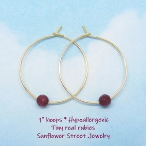 Natural Genuine Ruby Earrings Hoops Hoop Gold Plated Hypoallergenic 01077 - Picture 1 of 3