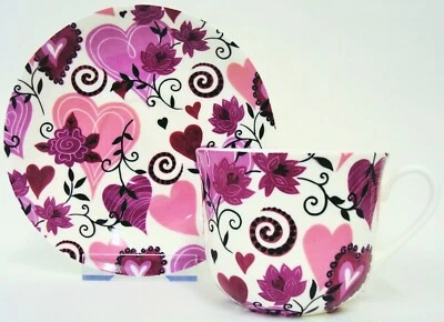 Hearts & Flowers Jumbo Large Cup Saucer Bone China Breakfast Pink Purple Deco UK - Image 1 of 4