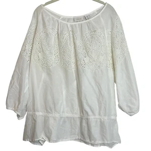 Chicos Womens Eyelet Pullover Blouse Size 3 US XL White Ruffle Hem 3Q Sleeve - Picture 1 of 7