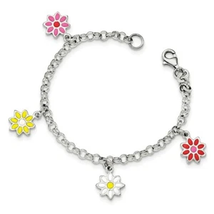 925 Plata de Ley Esmaltado Flores Niños Pulsera 6" Niños Joyería - Imagen 1 de 1