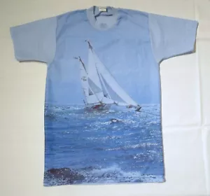 CAMISETA VINTAGE DE POLIÉSTER M DE LOS AÑOS 70 VELERO FOTO IMPRESIÓN OLAS DC54 - Imagen 1 de 10