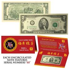 2021 Cny Chinese Year of the Ox Lucky Money U.S. $2 Bill w/ Red Folder - S/N 88