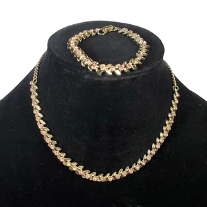 Vintage Coro Halskette Tennis Armband Set 2 Stück goldfarben rosa Strass zierlich - Bild 1 von 7