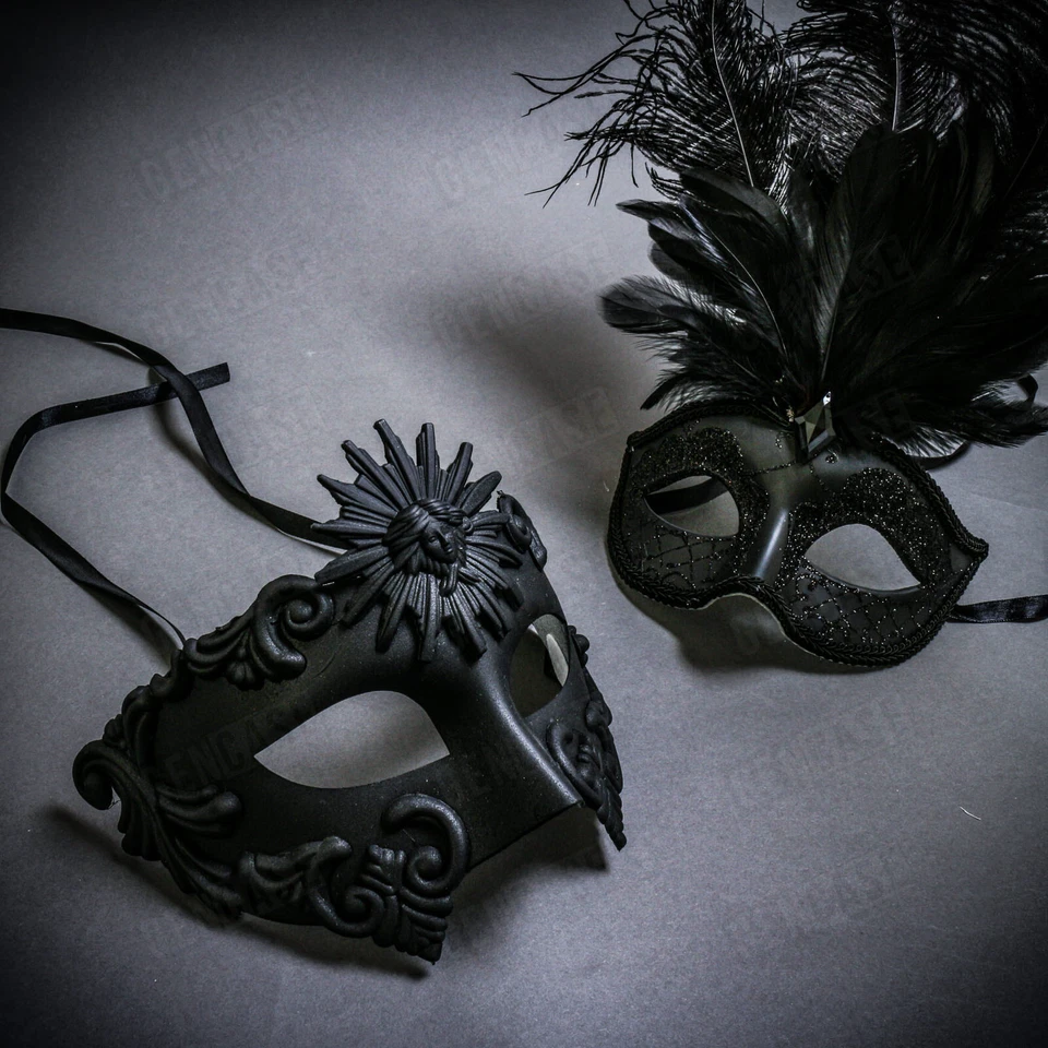 Black Greek & Black MardiGras Eye Mask w/ Top Feather Masquerade Couple  Mask - Image 1 of 1