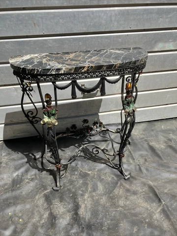 Vintage Black Marble Top Italy Wrought Iron Console Floral Beautiful Cover
