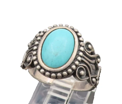 AVON 925 Silver  Vintage Beaded Frame & Open Swirl Turquoise Ring Sz 9 RG26355 - Image 1 of 4