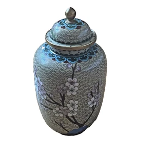 Vintage Chinese Floral Cherry Blossom Cloisonne Lidded Jar Urn Vase Damaged - Picture 1 of 12
