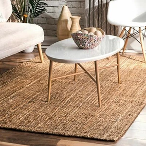 nuLOOM Hand Made Modern Simple Ribbed Jute Area Rug in Solid Natural Tan - Picture 1 of 7