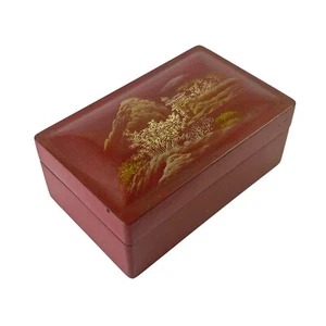 Vintage Hand Painted Oriental Maroon Lacquered Plastic Trinket Jewellery Box - Picture 1 of 5
