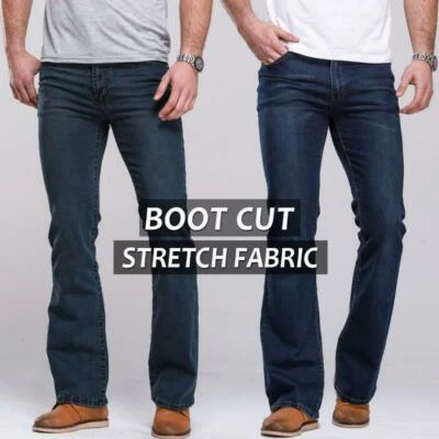 Men's Bootcut Leg Jeans Pants Slim Fit Slightly Flared Stretch Denim Trousers - Image 1 of 4