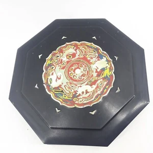 Asian Inlaid Abalone Paua Enamel Black Lacquer 8 Sided Box w/ Tray Inserts - Picture 1 of 12