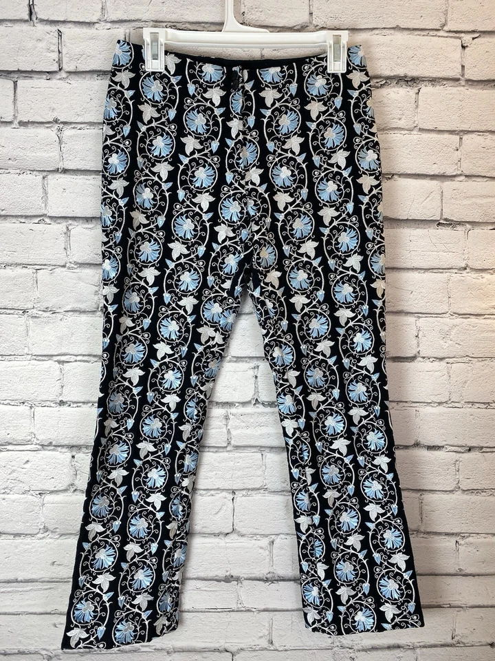 CJ Laing Blue Floral Embroidered Crop Pants Size 2 Fully Embroidered - Image 1 of 4