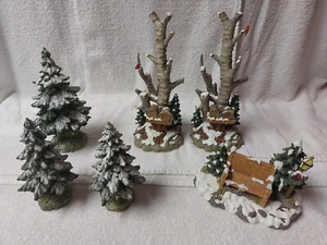 6 Department 56 Village pcs 3-Evergreen 2-Birch trees 1-Mill Creek Bench LOOK  - Picture 1 of 12