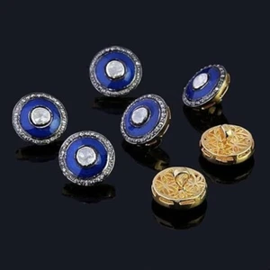 925 Silver Blue Enamel 1Pcs Button Cufflink Polki Diamond Wedding Gift For Him - Picture 1 of 5