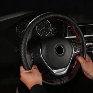 Black Genuine Leather Car Steering Wheel Cover Good Grip Protector Accessories - Picture 1 of 11