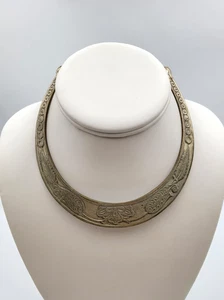 Vintage Tribal Silver Tone Etched Collar Necklace Floral Motif - Picture 1 of 11