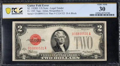 $2 1928-D Legal Tender RED SEAL DEUCE with GUTTER FOLD ERROR PCGS VF 30 - Image 1 of 2