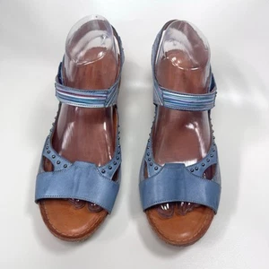 Spring Step Blue Stud Striped Ankle Strap Sandal Wedge Artsy Boho Lightweight 41 - Picture 1 of 6