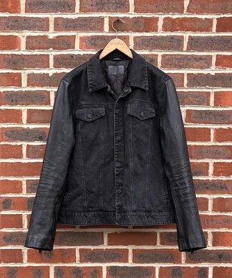 All Saints Mens BENNETT Jacket XL Black Cotton Leather Trucker Biker Denim - Image 1 of 4