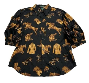 Ralph Lauren Equestrian Horse Print Button Up Collared Black Shirt L Old Money - Picture 1 of 5