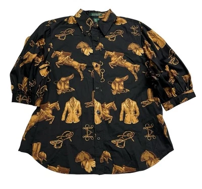 Ralph Lauren Equestrian Horse Print Button Up Collared Black Shirt L Old Money - Image 1 of 4