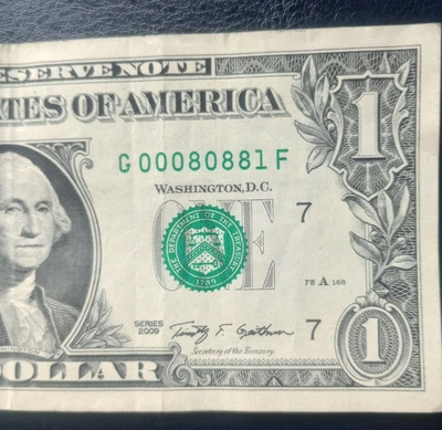 FANCY SERIAL NUMBER 1 DOLLAR BILL TRINARY  Low Serial number  - Image 1 of 3