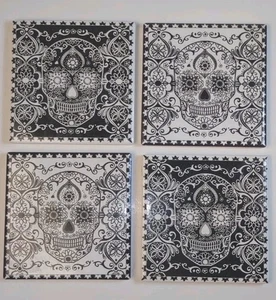 Calavera Sugar Skull Coasters Day of the Dead Dia De Muertos Black & White x4 - Picture 1 of 5