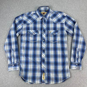 Larry Mahan Western Shirt Mens L Blue Plaid Diamond Pearl Snaps Long Sleeve - Picture 1 of 11