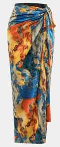 Elegant Satin Blue Print Tie Front Long Skirt Length 48.4" - Picture 1 of 3