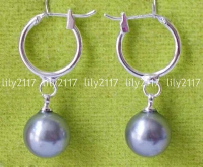 漂亮的 10 毫米银色灰色圆形南海贝壳珍珠银环状吊坠耳环 — 第 1/3 张图片